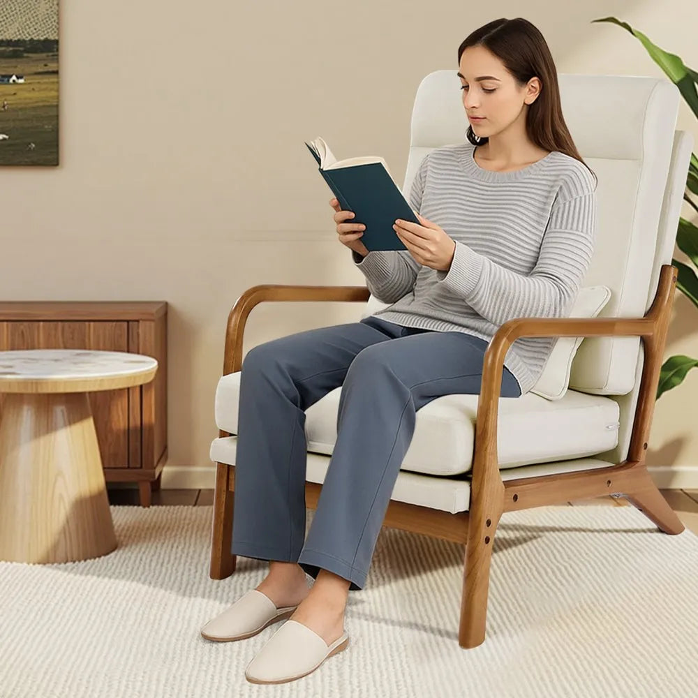 VEVOR Accent Chair, High Back Mid Century Modern Armchair with Solid Wood Frame and Non-Slip Legs, Upholstered Leisure Chair with Linen Fabric and 5.3 in Thickened Cushion, for Living Room, Bedroom