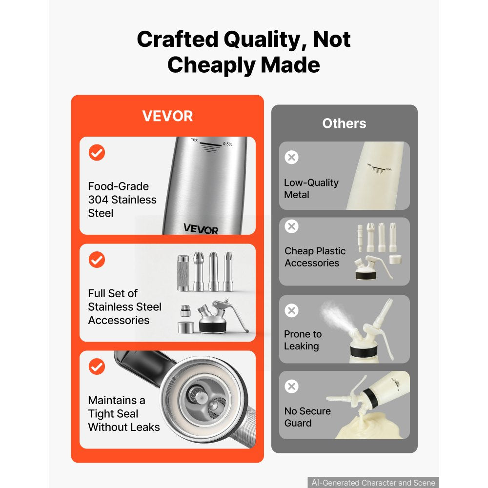 VEVOR Professional 304 Stainless Steel Whipped Cream Dispenser 500ml, Leak-Free Whipped Cream Maker, Whip Cream Canister with 3 Decorating Nozzles & Cleaning Brush, N₂O Chargers (Not Included)
