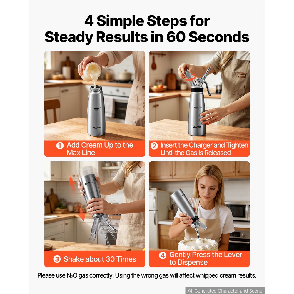VEVOR Professional 304 Stainless Steel Whipped Cream Dispenser 500ml, Leak-Free Whipped Cream Maker, Whip Cream Canister with 3 Decorating Nozzles & Cleaning Brush, N₂O Chargers (Not Included)