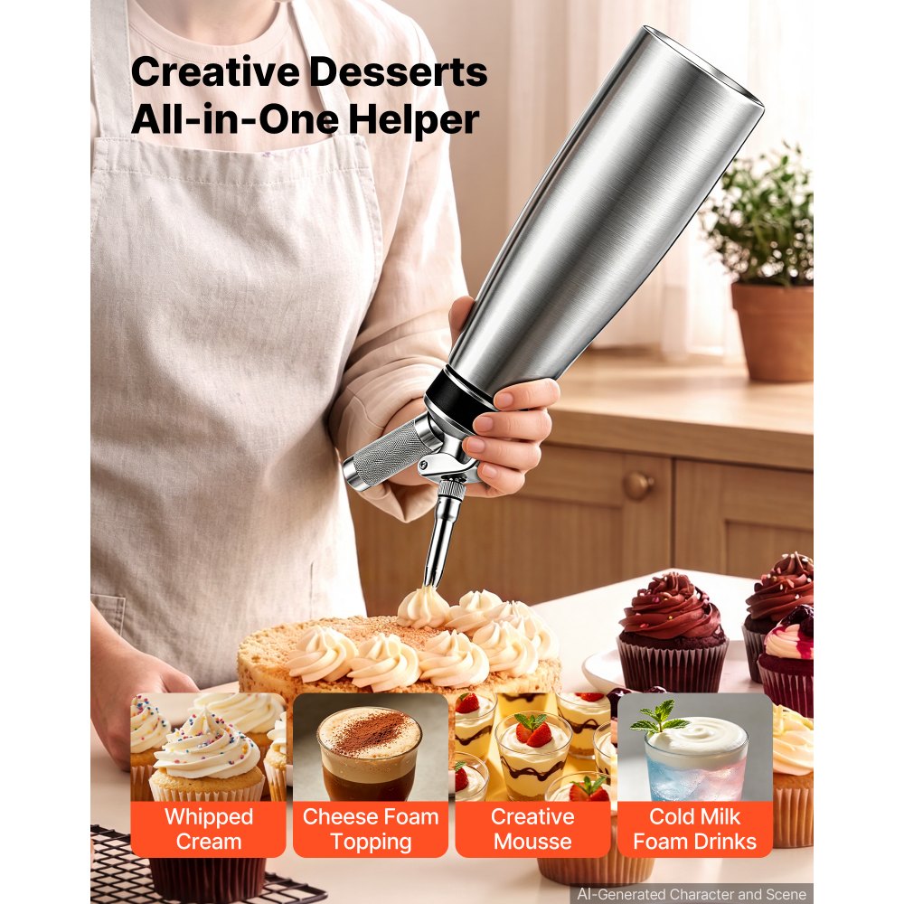 VEVOR Professional 304 Stainless Steel Whipped Cream Dispenser 1000ml, Leak-Free Whipped Cream Maker, Whip Cream Canister with 3 Decorating Nozzles & Cleaning Brush, N₂O Chargers (Not Included)
