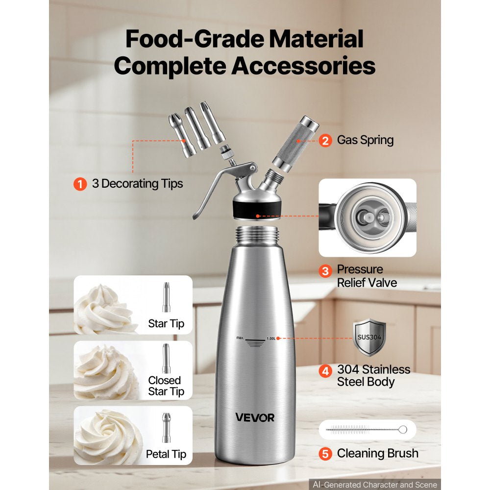 VEVOR Professional 304 Stainless Steel Whipped Cream Dispenser 1000ml, Leak-Free Whipped Cream Maker, Whip Cream Canister with 3 Decorating Nozzles & Cleaning Brush, N₂O Chargers (Not Included)