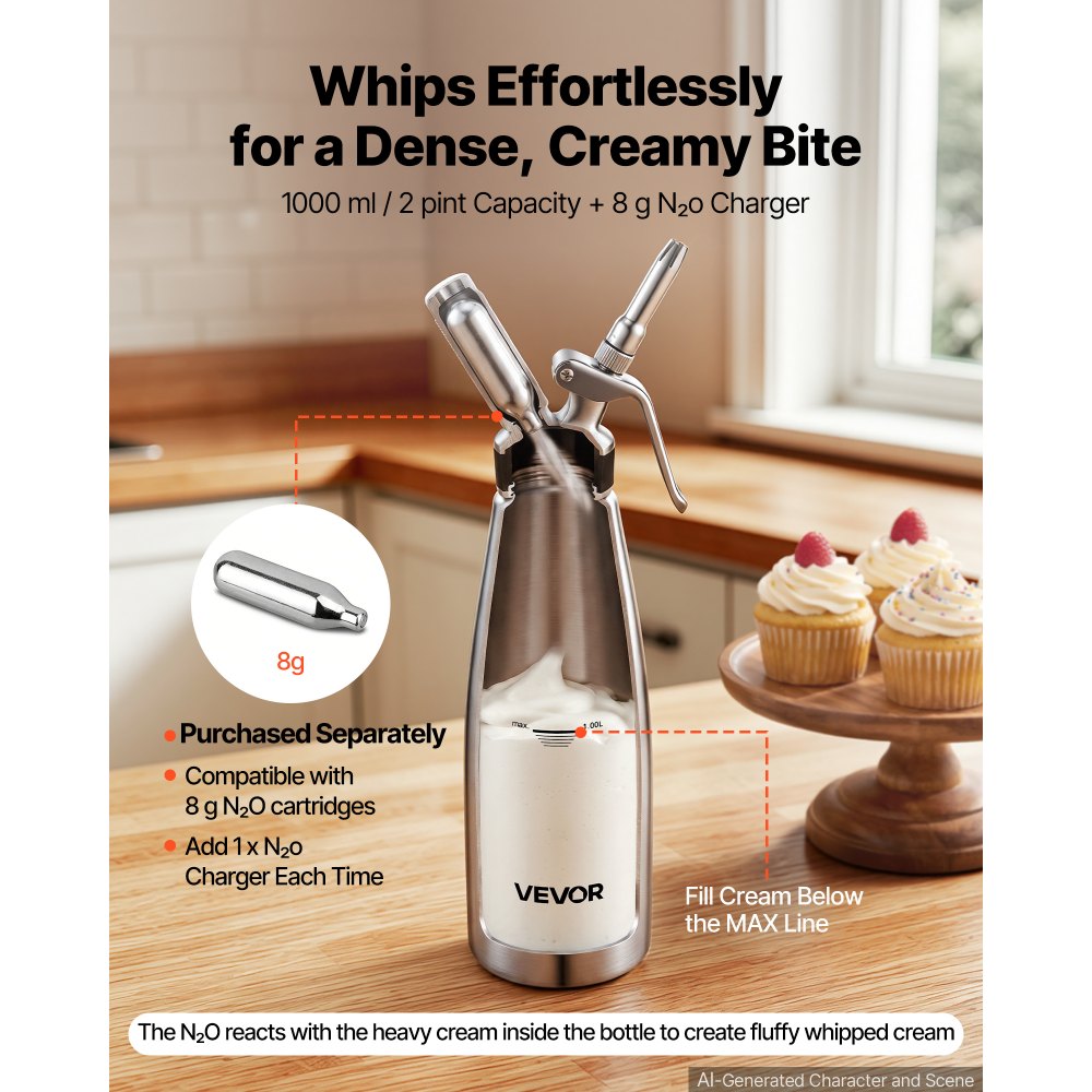 VEVOR Professional 304 Stainless Steel Whipped Cream Dispenser 1000ml, Leak-Free Whipped Cream Maker, Whip Cream Canister with 3 Decorating Nozzles & Cleaning Brush, N₂O Chargers (Not Included)