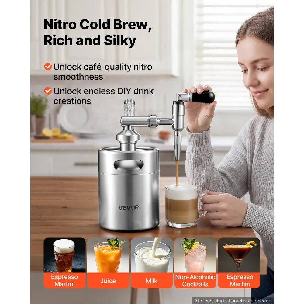 VEVOR Nitro Cold Brew Coffee Maker 68 oz Nitrogen Dispenser System, Home Brew Coffee Keg, Portable Nitrogen Infuser with Dispenser and Pressure Relieving Valve, Gift for Coffee Lovers