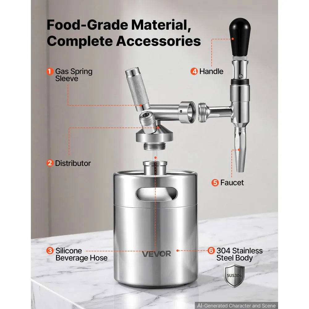 VEVOR Nitro Cold Brew Coffee Maker 68 oz Nitrogen Dispenser System, Home Brew Coffee Keg, Portable Nitrogen Infuser with Dispenser and Pressure Relieving Valve, Gift for Coffee Lovers
