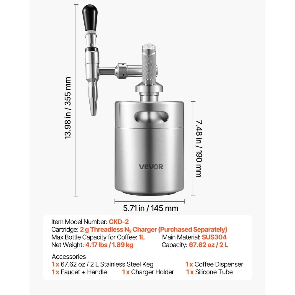 VEVOR Nitro Cold Brew Coffee Maker 68 oz Nitrogen Dispenser System, Home Brew Coffee Keg, Portable Nitrogen Infuser with Dispenser and Pressure Relieving Valve, Gift for Coffee Lovers