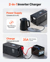 2-in-1 inverter charger infographic showing DC-to-AC inversion and AC-to-DC charging (35A max charging current)