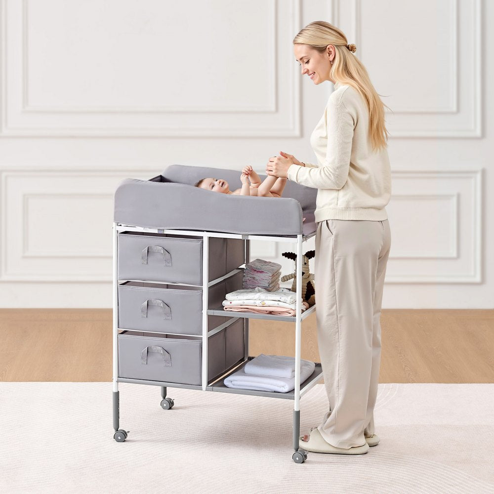 VEVOR Baby Changing Table, Portable Diaper Change Station with 3 Fabric Drawers and Lockable Wheels, Adjustable Height Multi-Functional Changing Station Table with Storage Organizer Nursery, Gray