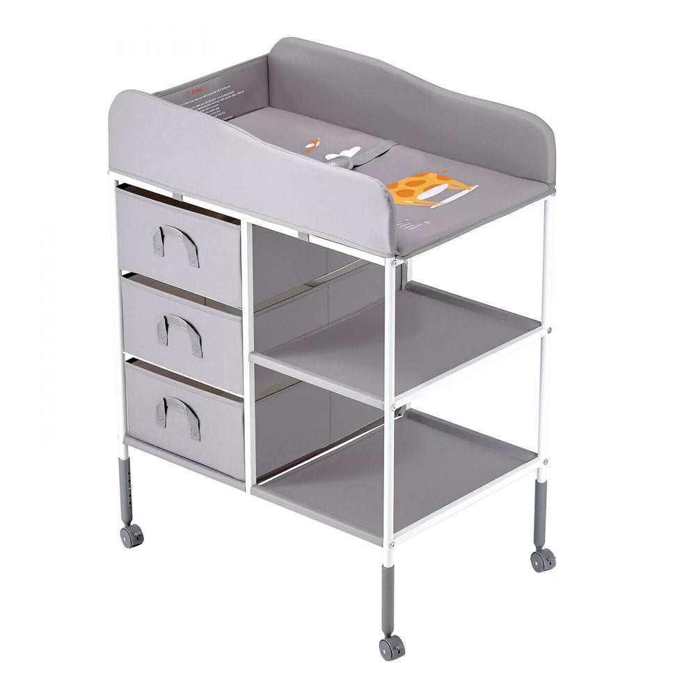 VEVOR Baby Changing Table, Portable Diaper Change Station with 3 Fabric Drawers and Lockable Wheels, Adjustable Height Multi-Functional Changing Station Table with Storage Organizer Nursery, Gray