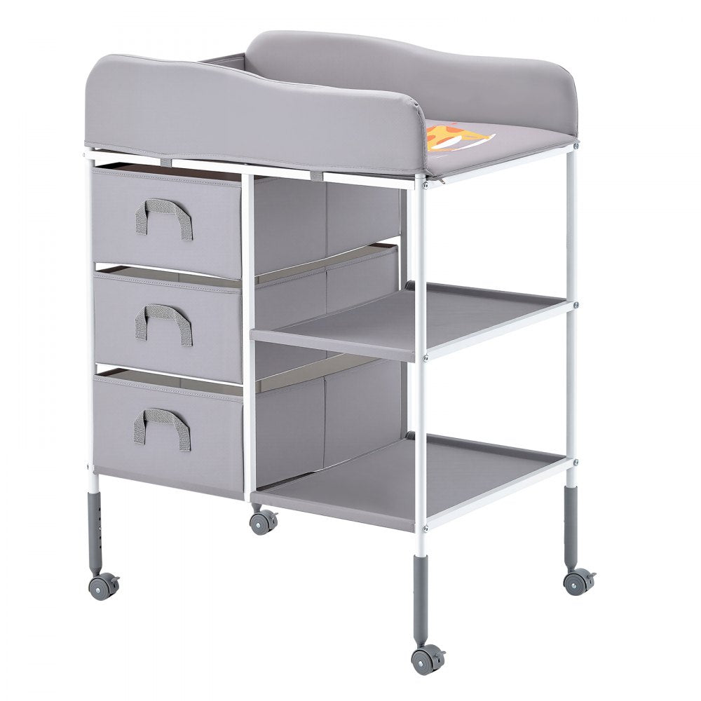 VEVOR Baby Changing Table, Portable Diaper Change Station with 3 Fabric Drawers and Lockable Wheels, Adjustable Height Multi-Functional Changing Station Table with Storage Organizer Nursery, Gray