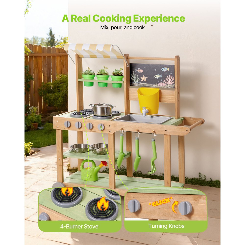 VEVOR Mud Kitchen, Outdoor Mud Kitchen for Kids, Wood Outdoor Play Kitchens with Spoons, Sink, Sunshade Canopy, Swivel Wheels, Cookware Pots and Accessories, Wooden Play Kitchens for Home, Lawn