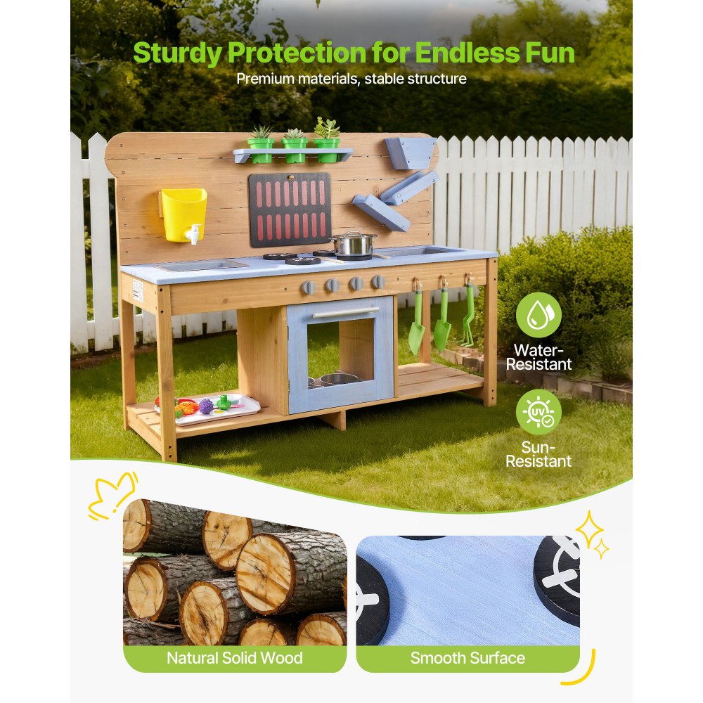 VEVOR Mud Kitchen, Outdoor Mud Kitchen for Kids, Wood Outdoor Play Kitchens with Stoves, Hooks, Double Sinks, Planting Shovels, Spatulas, Cookware Pots and Accessories, Play with Water and Sand