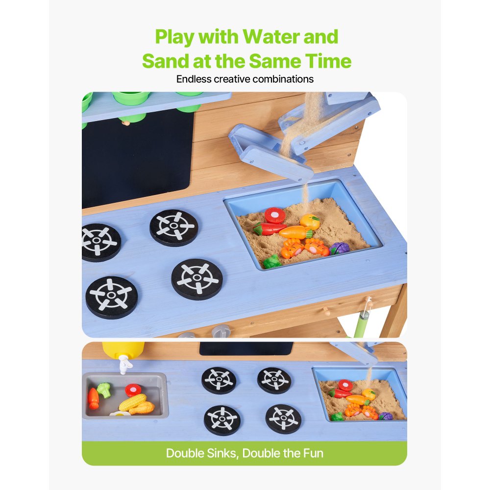 VEVOR Mud Kitchen, Outdoor Mud Kitchen for Kids, Wood Outdoor Play Kitchens with Stoves, Hooks, Double Sinks, Planting Shovels, Spatulas, Cookware Pots and Accessories, Play with Water and Sand