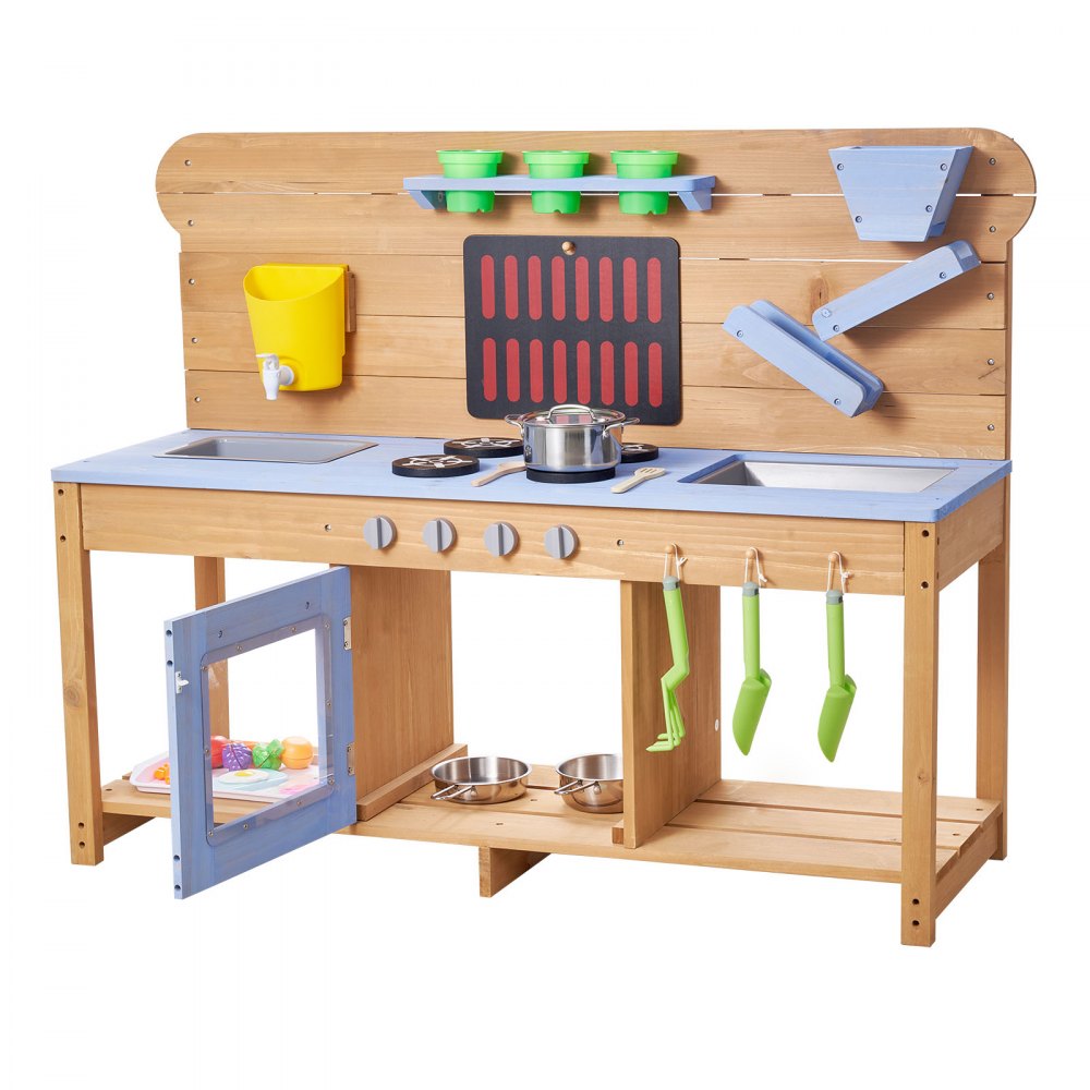 VEVOR Mud Kitchen, Outdoor Mud Kitchen for Kids, Wood Outdoor Play Kitchens with Stoves, Hooks, Double Sinks, Planting Shovels, Spatulas, Cookware Pots and Accessories, Play with Water and Sand