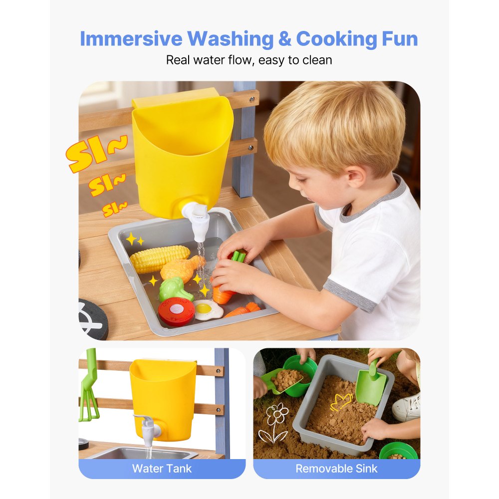 VEVOR Mud Kitchen, Outdoor Mud Kitchen for Kids, Wood Outdoor Play Kitchens with Planting Box, Critter Catcher Container, Tank, Sink, Cookware Pots and Accessories, Wooden Play Kitchens for Lawn, Yard