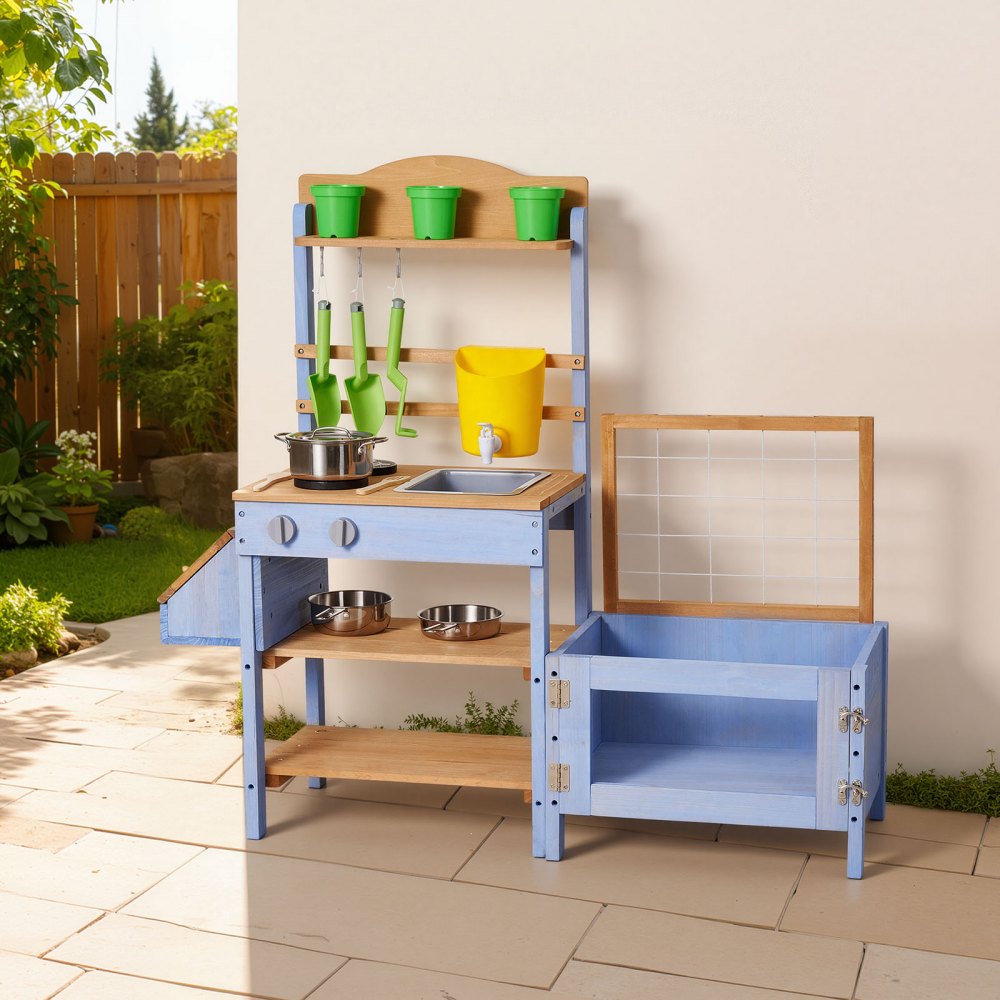VEVOR Mud Kitchen, Outdoor Mud Kitchen for Kids, Wood Outdoor Play Kitchens with Planting Box, Critter Catcher Container, Tank, Sink, Cookware Pots and Accessories, Wooden Play Kitchens for Lawn, Yard