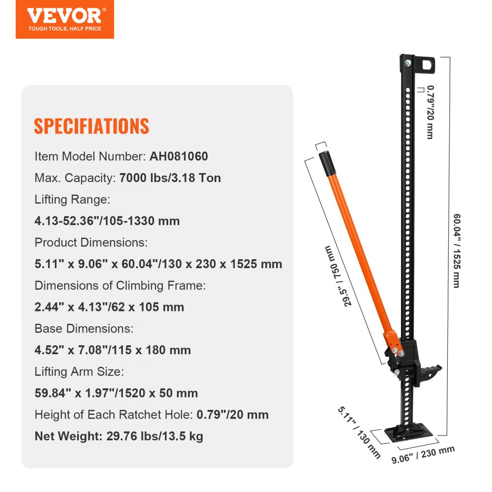 VEVOR High Lift Farm Jack, 60" Utility Farm Jack, 7000 lbs Capacity Ratcheting Off Road Utility Jack, Heavy-Duty Farm Jack for Tractor, Truck, SUV, Bumper Lift, Orange