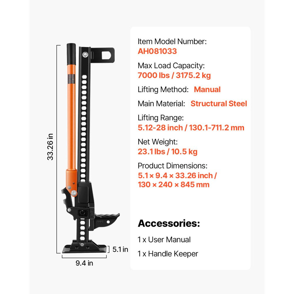 VEVOR Farm Jack, 33" Utility High Lift Farm Jack, 3.18 Ton (7,000 lbs) Capacity Ratcheting Off Road Utility Jacks, Heavy-Duty Lift Jacks with 5.12"-28" Lifting Range for Tractor, Truck, SUV