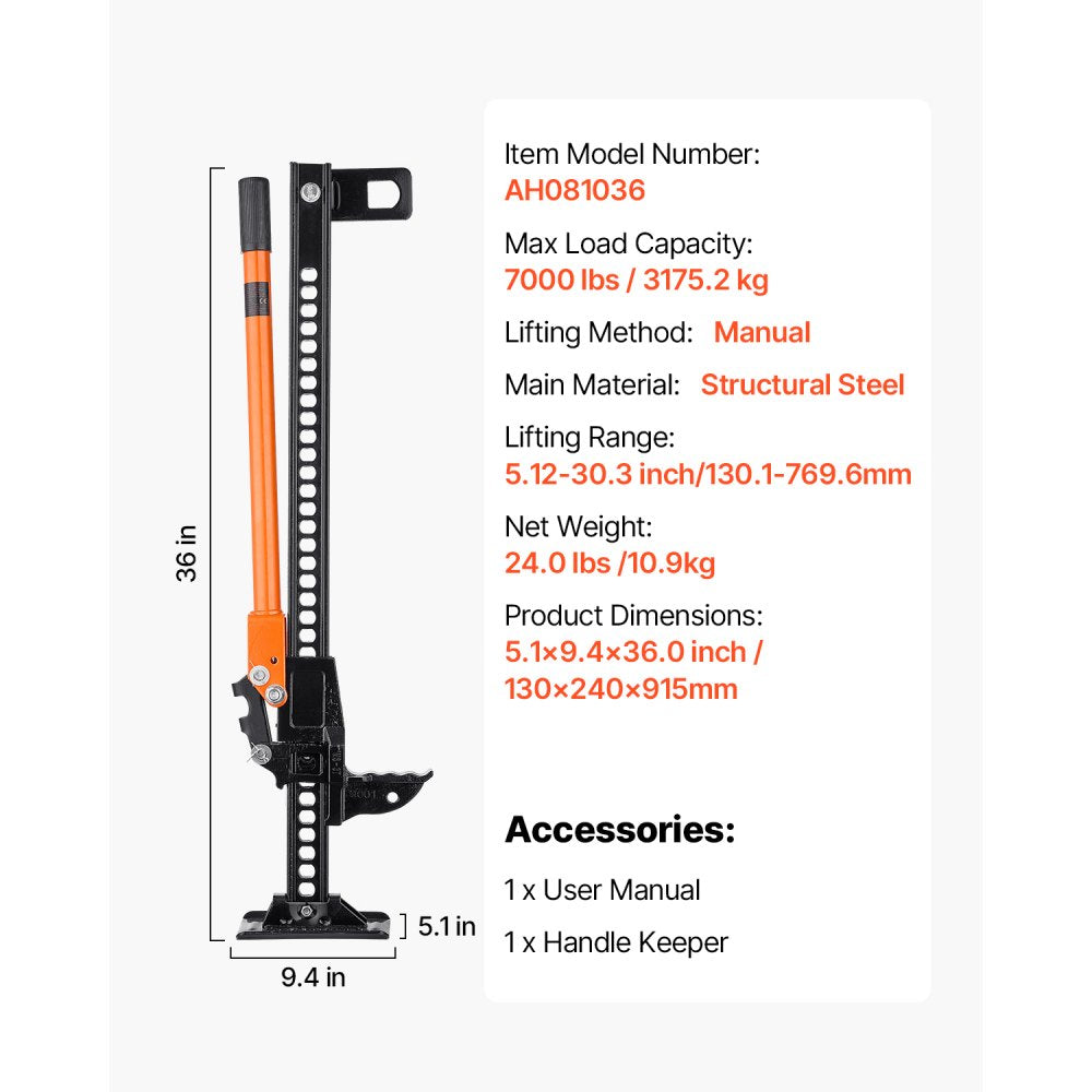 VEVOR Farm Jack, 36" Utility High Lift Farm Jack, 3.18 Ton (7,000 lbs) Capacity Ratcheting Off Road Utility Jacks, Heavy-Duty Lift Jacks with 5.12"-30.3" Lifting Range for Tractor, Truck, SUV