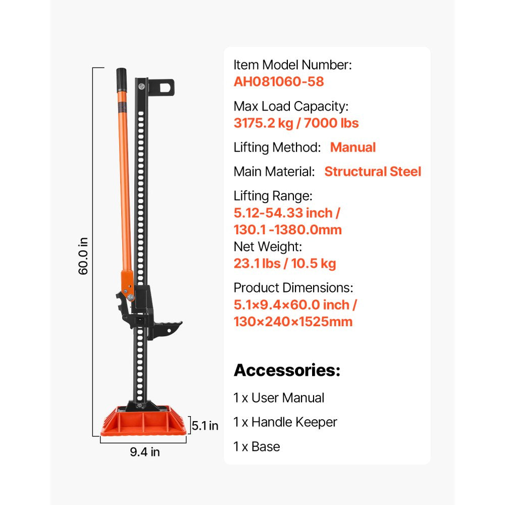VEVOR Farm Jack with Base, 60" Utility High Lift Farm Jack, 3.18 Ton (7,000 lbs) Capacity Ratcheting Off Road Utility Jacks, Heavy-Duty Lift Jacks with 5.12"-54.33" Lifting Range for Tractor, Truck, SUV