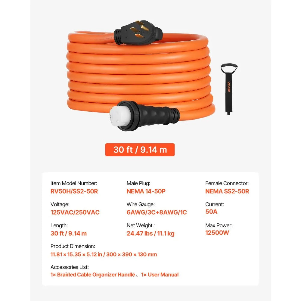 VEVOR 50 Amp Generator Cord, 30 Feet, 125/250V RV Power Cord NEMA 14-50P to SS2-50R with Twist Lock, Grip Handle, Heavy Duty 6AWG/3 + 8AWG/1 Generator Cable, for RV Camper Generator to House, Orange