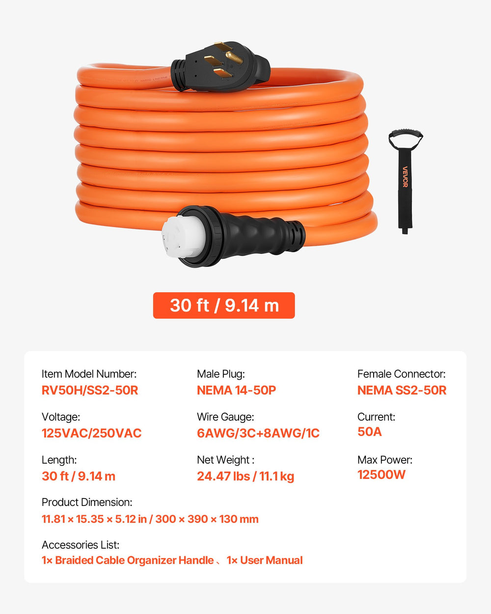 VEVOR 50 Amp Generator Cord, 30 Feet, 125/250V RV Power Cord NEMA 14-50P to SS2-50R with Twist Lock, Grip Handle, Heavy Duty 6AWG/3 + 8AWG/1 Generator Cable, for RV Camper Generator to House, Orange