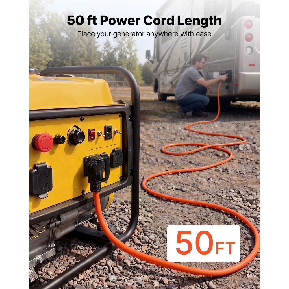 VEVOR 50 Amp Generator Cord, 50 Feet, 125/250V RV Power Cord NEMA 14-50P to SS2-50R with Twist Lock, Grip Handle, Heavy Duty 6AWG/3 + 8AWG/1 Generator Cable, for RV Camper Generator to House, Orange