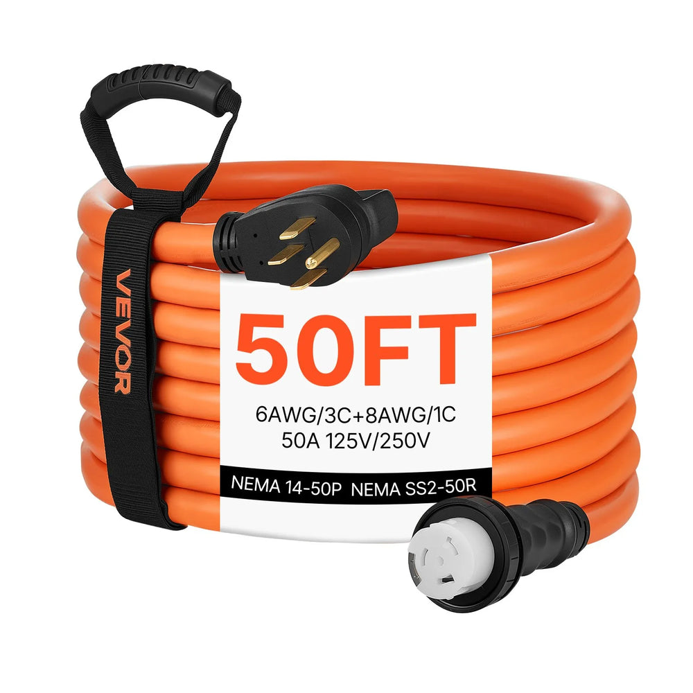 VEVOR 50 Amp Generator Cord, 50 Feet, 125/250V RV Power Cord NEMA 14-50P to SS2-50R with Twist Lock, Grip Handle, Heavy Duty 6AWG/3 + 8AWG/1 Generator Cable, for RV Camper Generator to House, Orange
