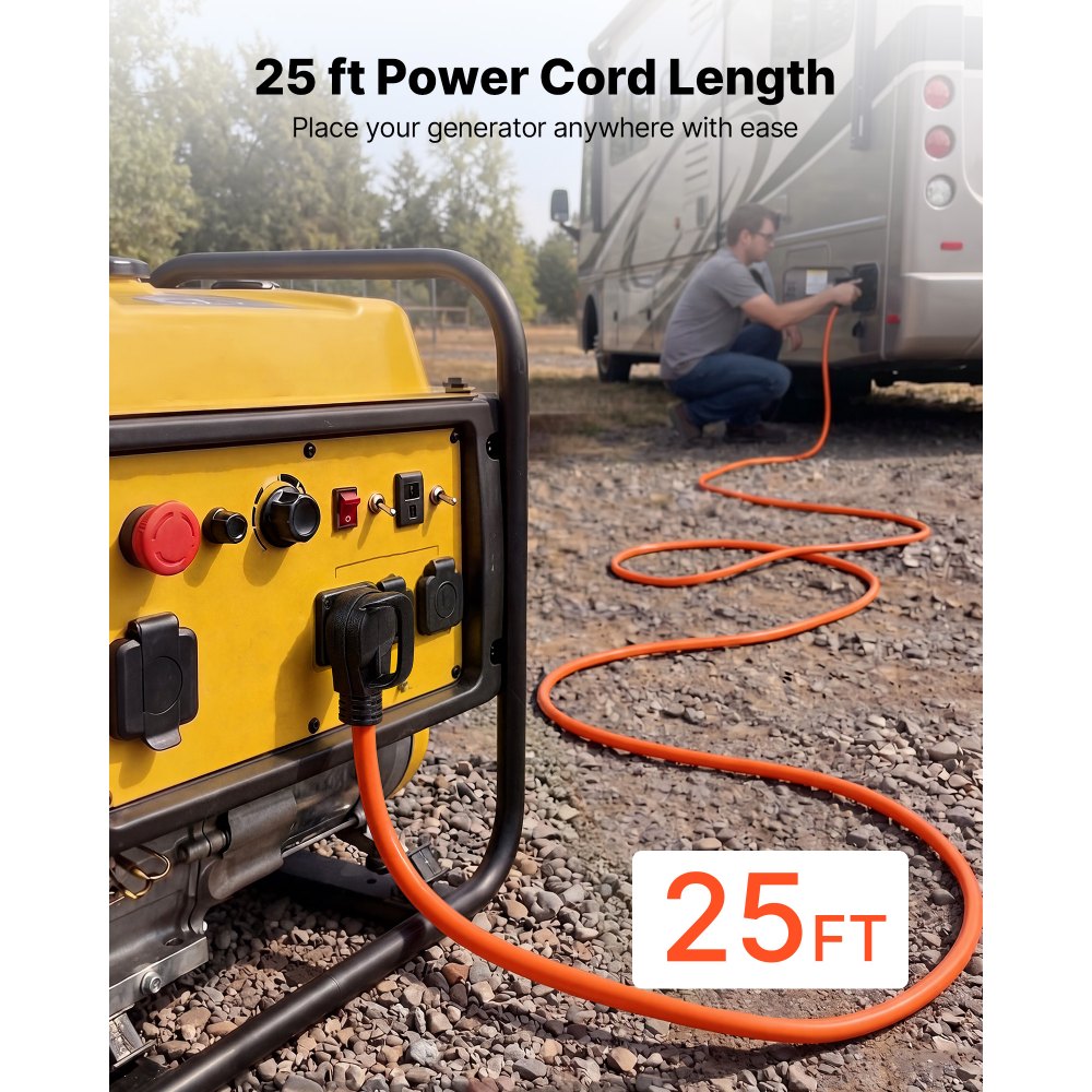 VEVOR 50 Amp Generator Cord, 25 Feet, 125/250V RV Power Cord NEMA 14-50P to SS2-50R with Twist Lock, Grip Handle, Heavy Duty 6AWG/3 + 8AWG/1 Generator Cable, for RV Camper Generator to House, Orange