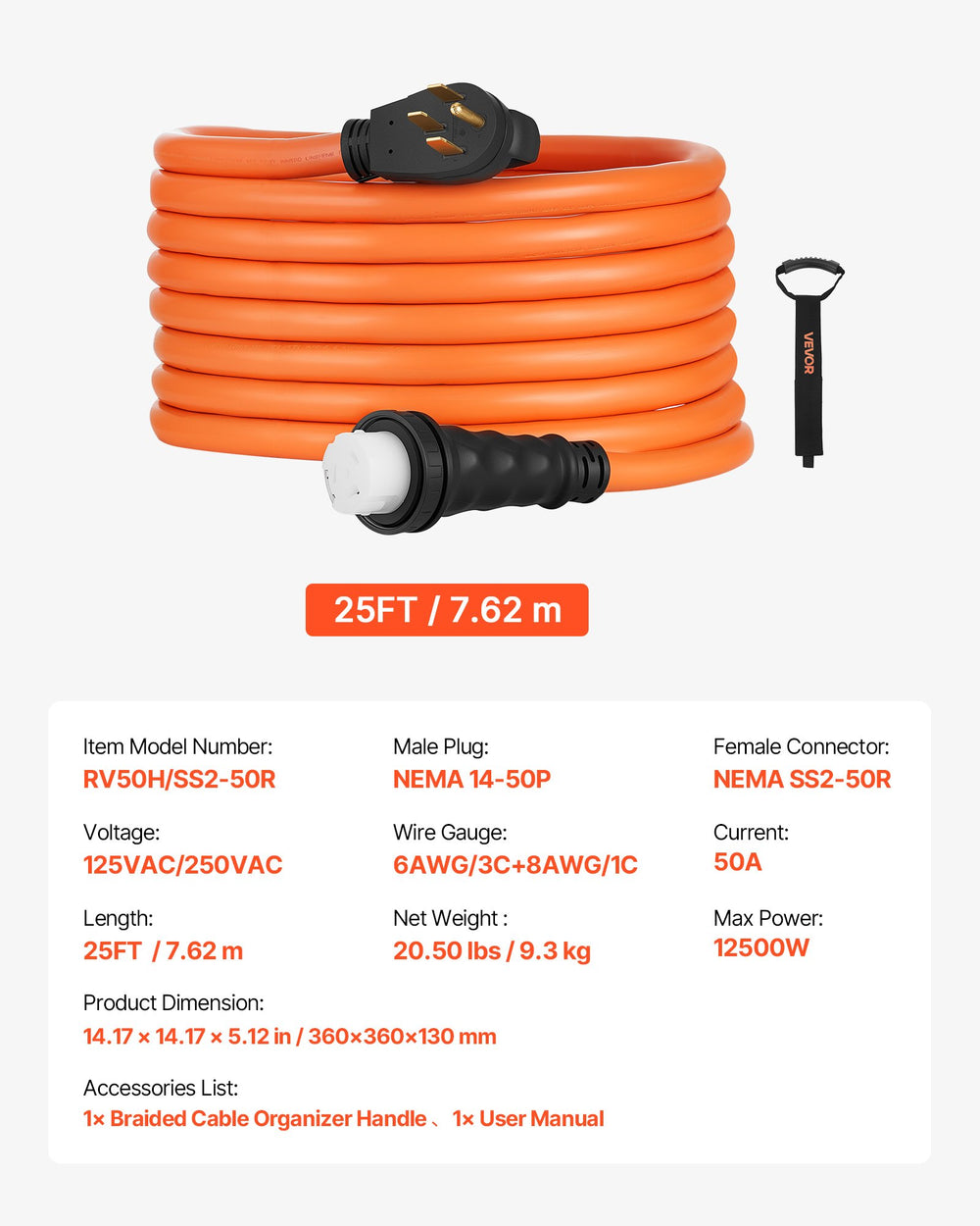 VEVOR 50 Amp Generator Cord, 25 Feet, 125/250V RV Power Cord NEMA 14-50P to SS2-50R with Twist Lock, Grip Handle, Heavy Duty 6AWG/3 + 8AWG/1 Generator Cable, for RV Camper Generator to House, Orange
