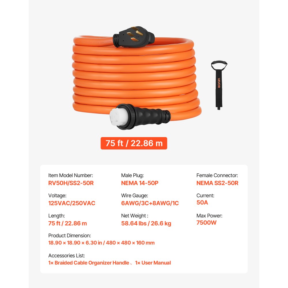 VEVOR 50 Amp Generator Cord, 75 Feet, 125/250V RV Power Cord NEMA 14-50P to SS2-50R with Twist Lock, Grip Handle, Heavy Duty 6AWG/3 + 8AWG/1 Generator Cable, for RV Camper Generator to House, Orange