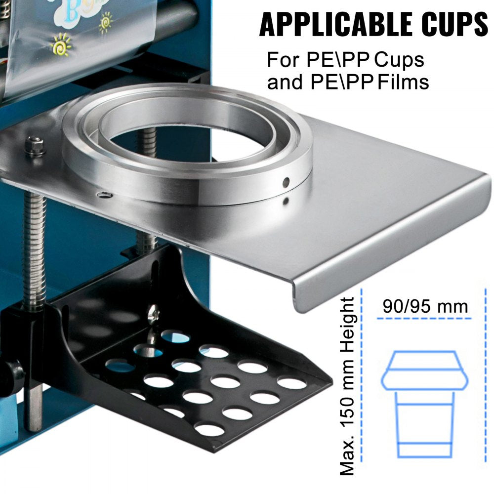 VEVOR Manual Tea Cup Sealer Machine, 300-500 Cup/h Manual Boba Tea Sealer Machine, Blue Boba Tea Sealing Machine, 90/95mm Cup Diameter Cup Sealing Machine with Heating Technology for Bubble Milk Tea