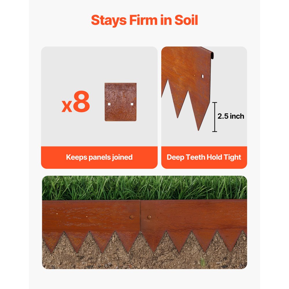 VEVOR Corten Steel Landscape Edging, 6-Pack 40 x 6 Inch Metal Edging for Landscaping with 8 Connecting Plates, Bendable Metal Garden Edge Border for Flower Bed, Yard Pathway, Rust