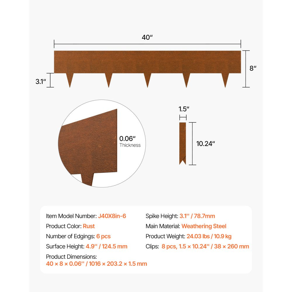 VEVOR Steel Landscape Edging, 6 Packs 40 x 8 in Weather-Resistant & Pre-Rust Metal Landscape Edging, Bendable Garden Edging Border, Shark Spike, Lawn Edging for Flower Bed Yard Pathway Divider
