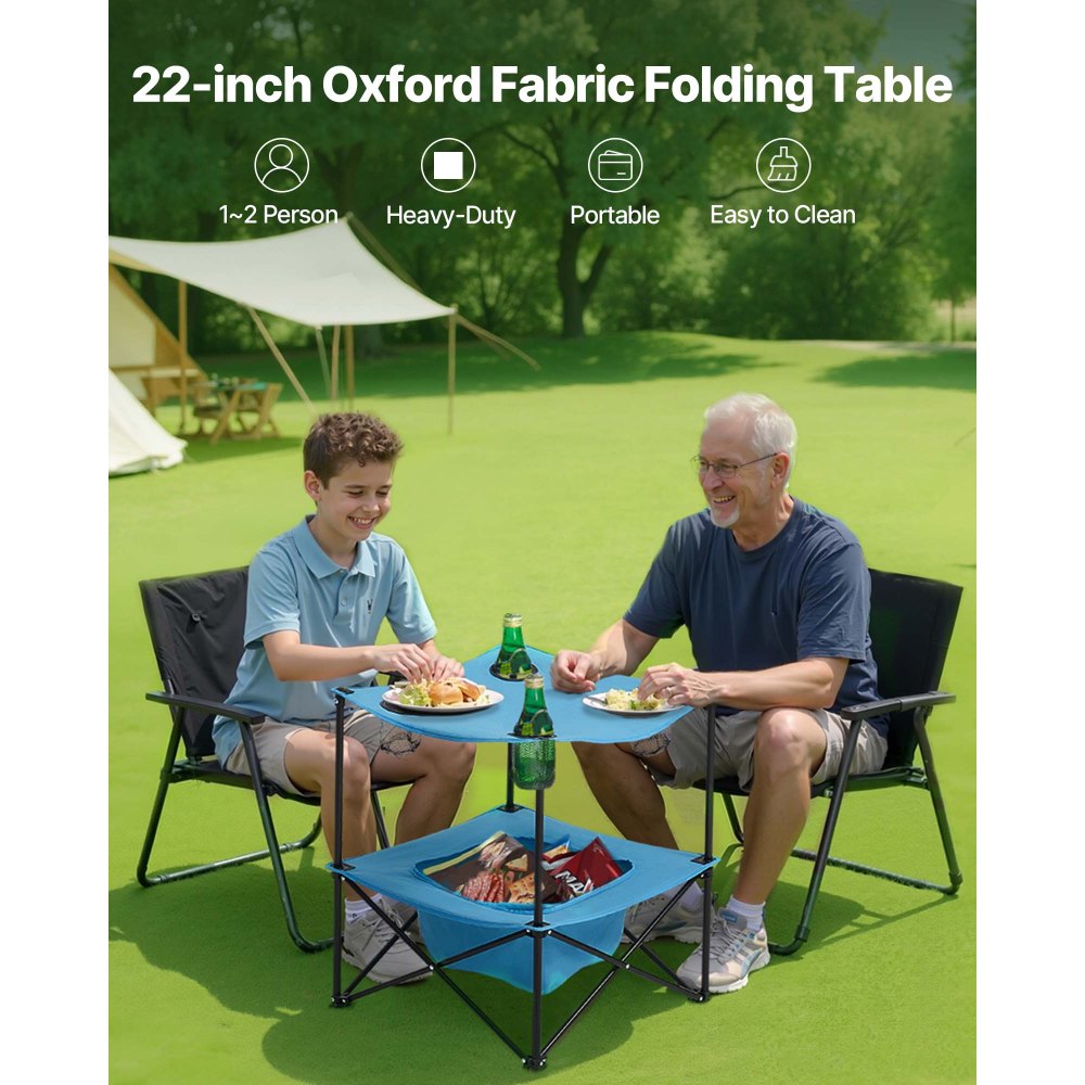 VEVOR Folding Camping Table, Portable Outdoor Lightweight Picnic Table, 600D Oxford Fabric Waterproof Canvas Travel Beach Tables, with 4 Cup Holders, Carry Bag, for Tailgating Camping Picnic, Blue