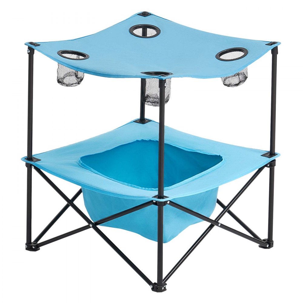 VEVOR Folding Camping Table, Portable Outdoor Lightweight Picnic Table, 600D Oxford Fabric Waterproof Canvas Travel Beach Tables, with 4 Cup Holders, Carry Bag, for Tailgating Camping Picnic, Blue