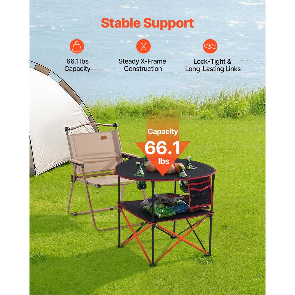 VEVOR Folding Camping Table, Portable Outdoor Lightweight Picnic Table, 600D Oxford Fabric Waterproof Canvas Travel Beach Tables, with 4 Cup Holders, Carry Bag, for Tailgating Camping Picnic, Black