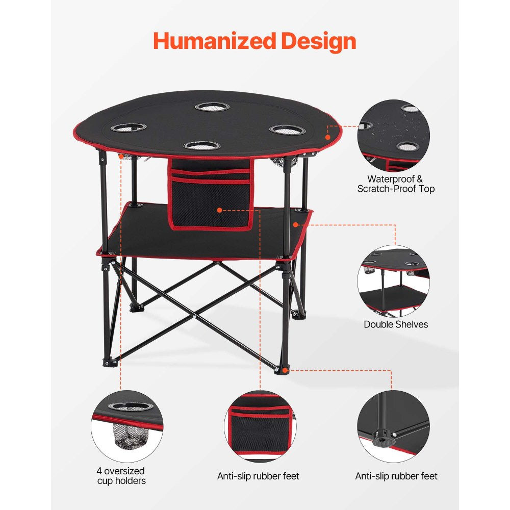 VEVOR Folding Camping Table, Portable Outdoor Lightweight Picnic Table, 600D Oxford Fabric Waterproof Canvas Travel Beach Tables, with 4 Cup Holders, Carry Bag, for Tailgating Camping Picnic, Black