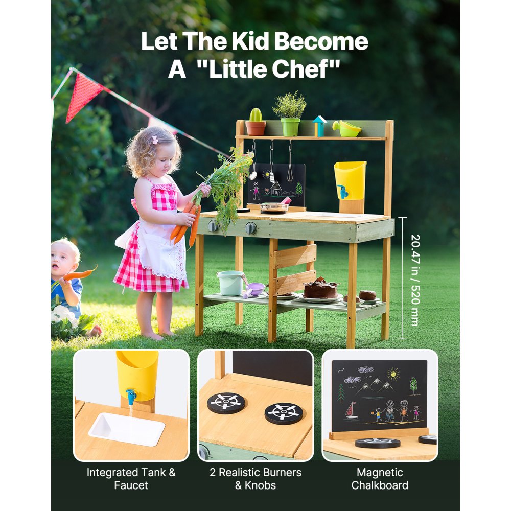 VEVOR Mud Kitchen for Kids, Wooden Toy Play Kitchen Set, Outdoor Toddler Grocery Store Playset, Pretend Play Kitchen with Planter Box, Stoves, Tank, Faucet, Blackboard, Cookware Pots and Accessories