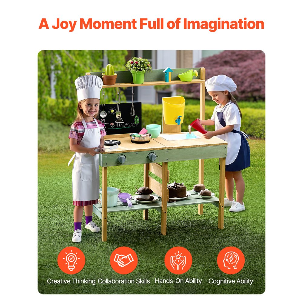 VEVOR Mud Kitchen for Kids, Wooden Toy Play Kitchen Set, Outdoor Toddler Grocery Store Playset, Pretend Play Kitchen with Planter Box, Stoves, Tank, Faucet, Blackboard, Cookware Pots and Accessories