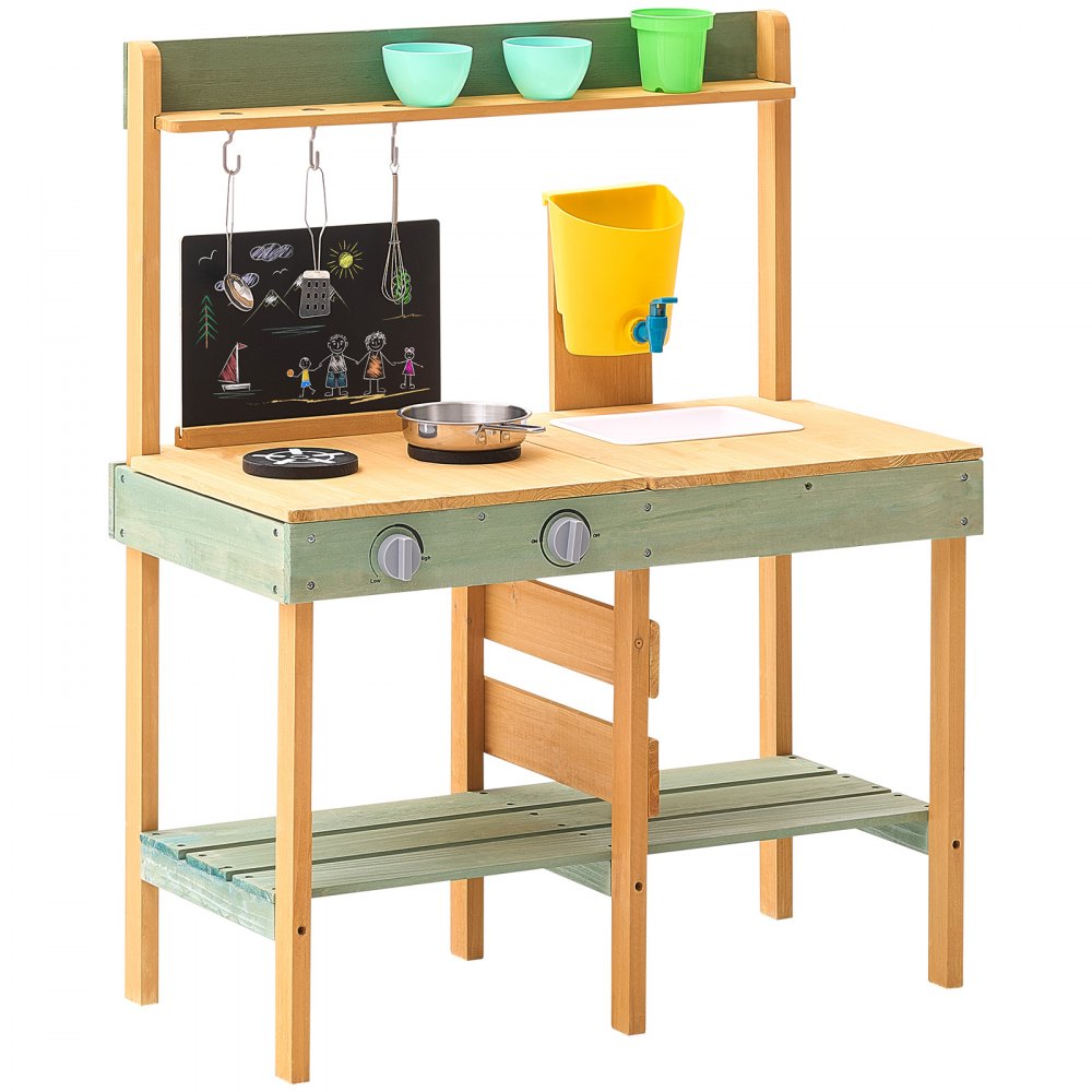 VEVOR Mud Kitchen for Kids, Wooden Toy Play Kitchen Set, Outdoor Toddler Grocery Store Playset, Pretend Play Kitchen with Planter Box, Stoves, Tank, Faucet, Blackboard, Cookware Pots and Accessories