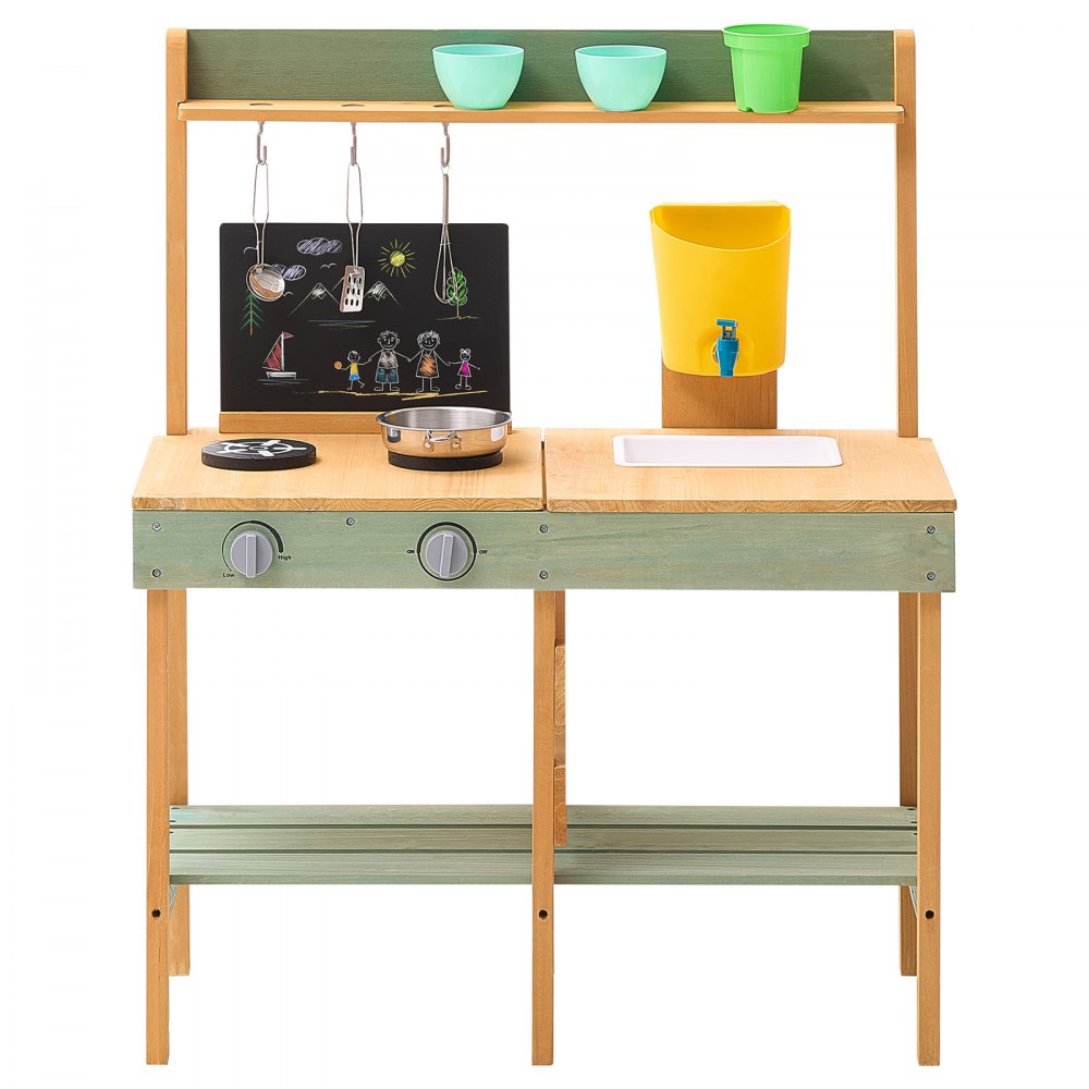 VEVOR Mud Kitchen for Kids, Wooden Toy Play Kitchen Set, Outdoor Toddler Grocery Store Playset, Pretend Play Kitchen with Planter Box, Stoves, Tank, Faucet, Blackboard, Cookware Pots and Accessories