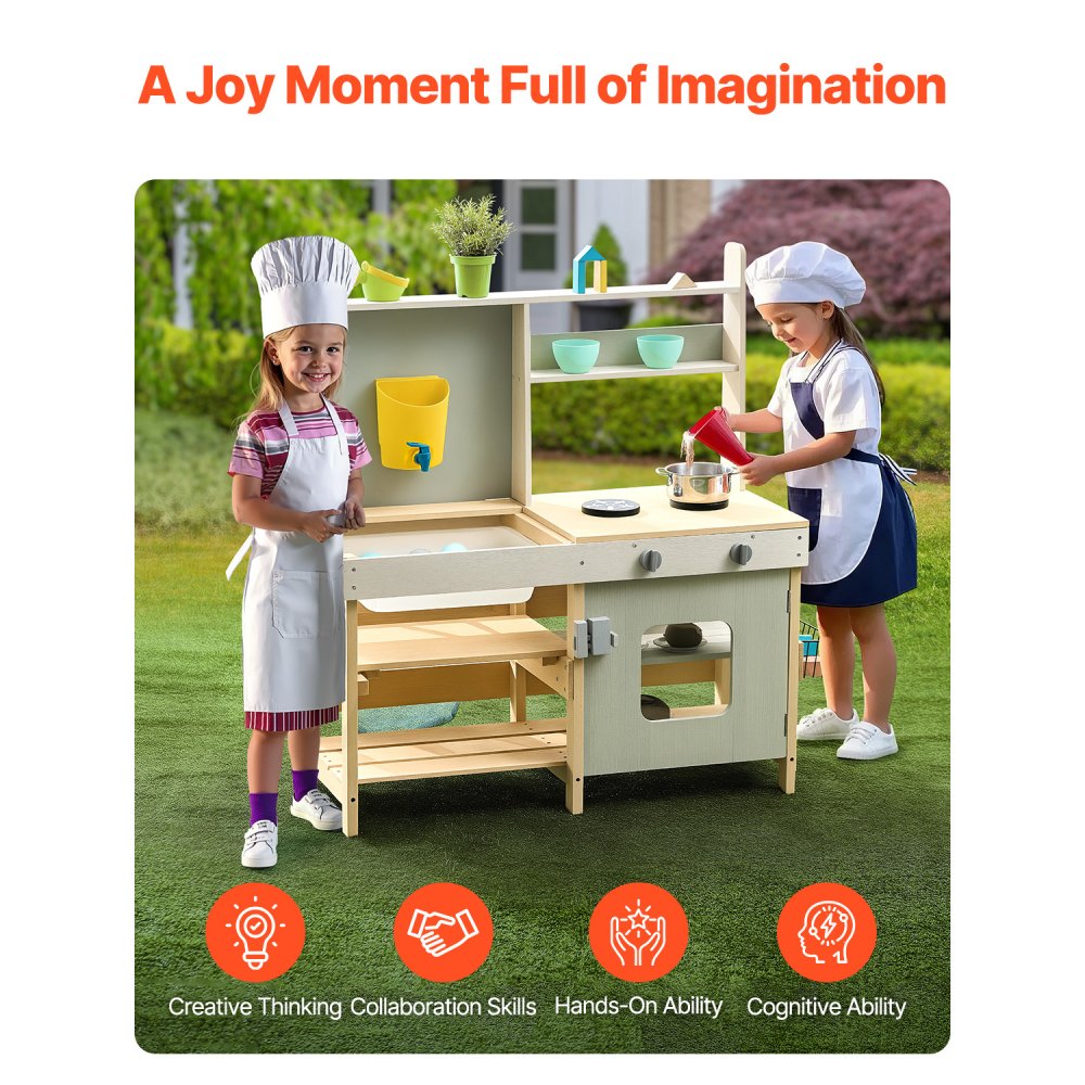 VEVOR Mud Kitchen for Kids, Wooden Toy Play Kitchen Set, Outdoor Toddler Grocery Store Playset, Pretend Play Kitchen with Stoves, Tank, Faucet, Storage Bag, Metal Baskets, and Cookware Pots