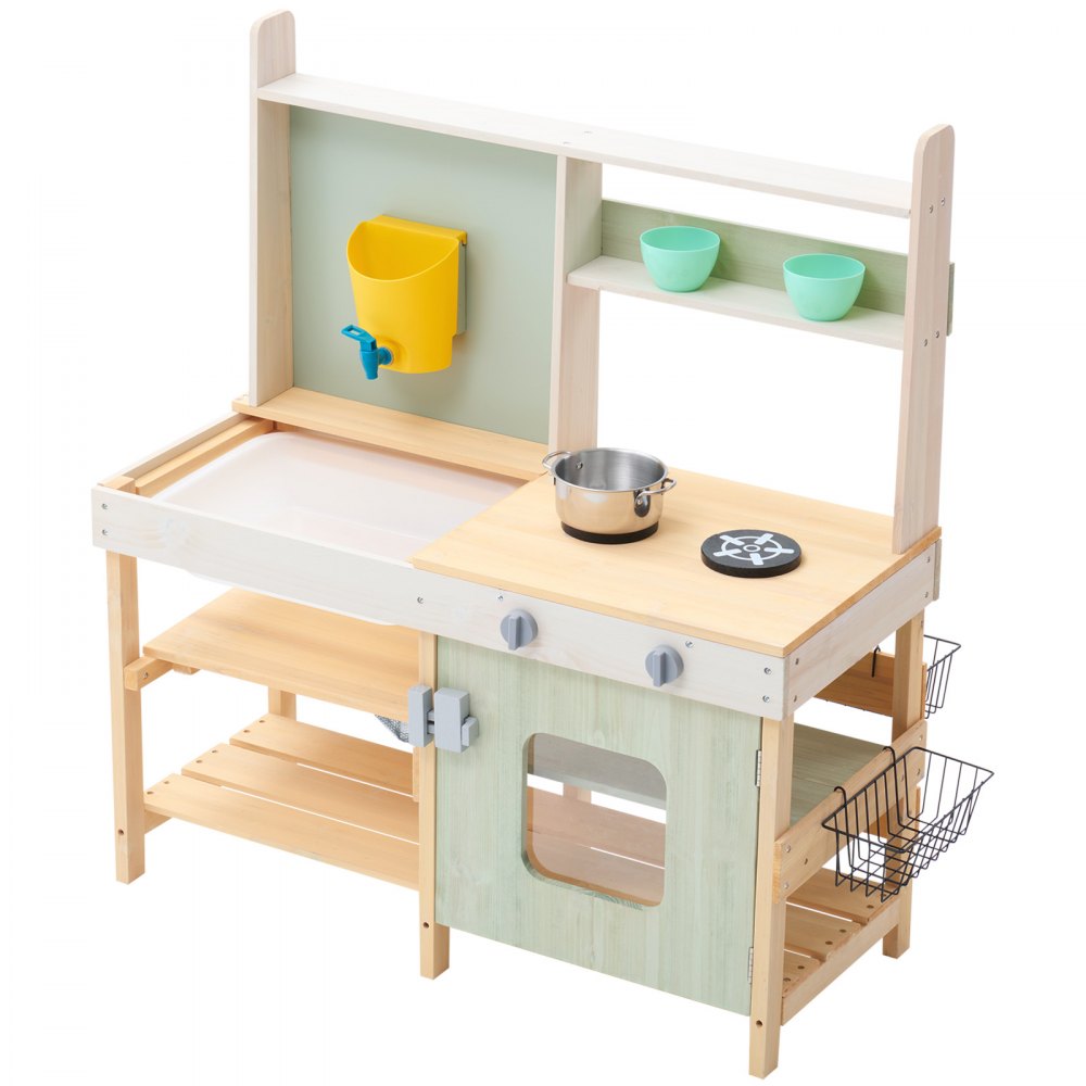 VEVOR Mud Kitchen for Kids, Wooden Toy Play Kitchen Set, Outdoor Toddler Grocery Store Playset, Pretend Play Kitchen with Stoves, Tank, Faucet, Storage Bag, Metal Baskets, and Cookware Pots