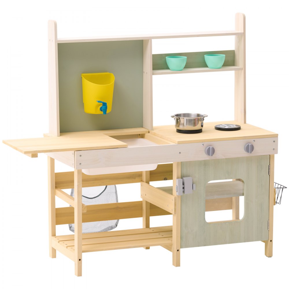 VEVOR Mud Kitchen for Kids, Wooden Toy Play Kitchen Set, Outdoor Toddler Grocery Store Playset, Pretend Play Kitchen with Stoves, Tank, Faucet, Storage Bag, Metal Baskets, and Cookware Pots
