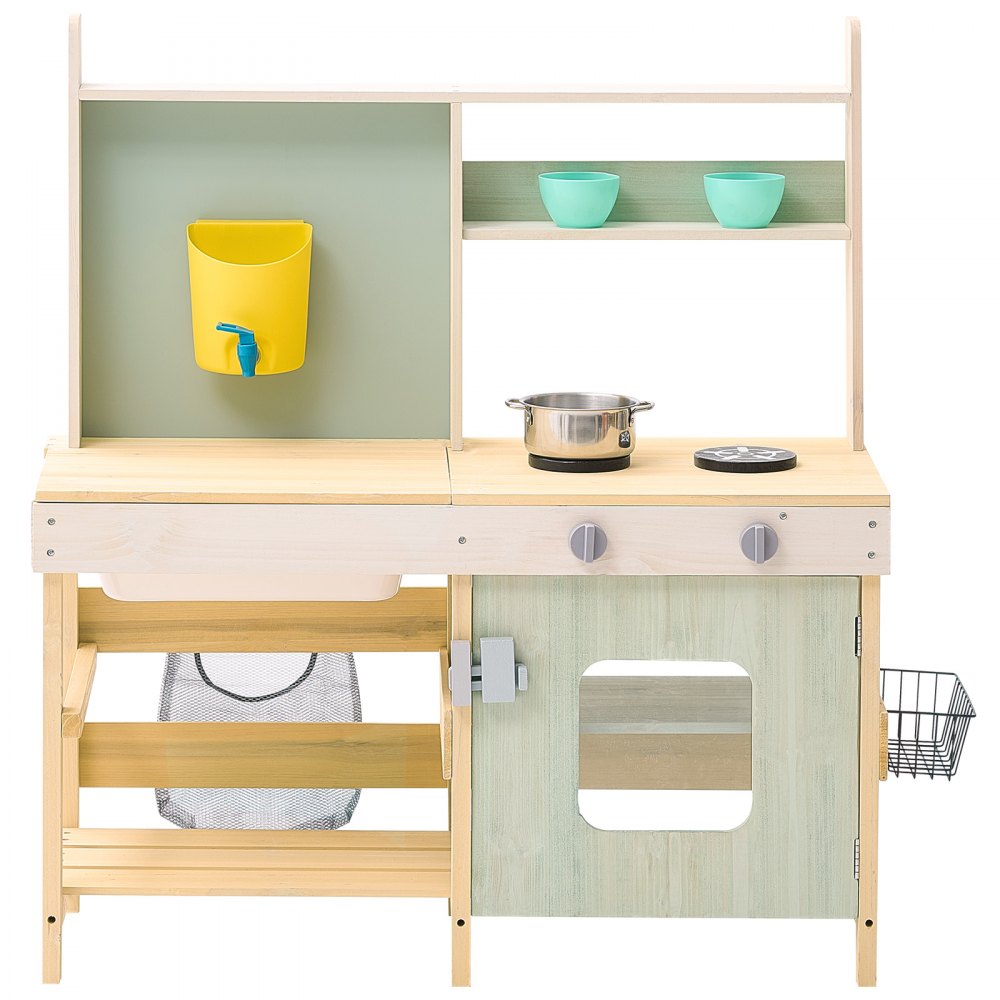 VEVOR Mud Kitchen for Kids, Wooden Toy Play Kitchen Set, Outdoor Toddler Grocery Store Playset, Pretend Play Kitchen with Stoves, Tank, Faucet, Storage Bag, Metal Baskets, and Cookware Pots