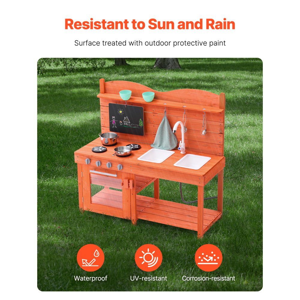 VEVOR Mud Kitchen for Kids, Wooden Toy Play Kitchen Set, Outdoor Toddler Grocery Store Playset for Boys & Girls, Pretend Play Kitchen with Stoves, Sink, Faucet, Blackboard, Cookware Pots, Accessories