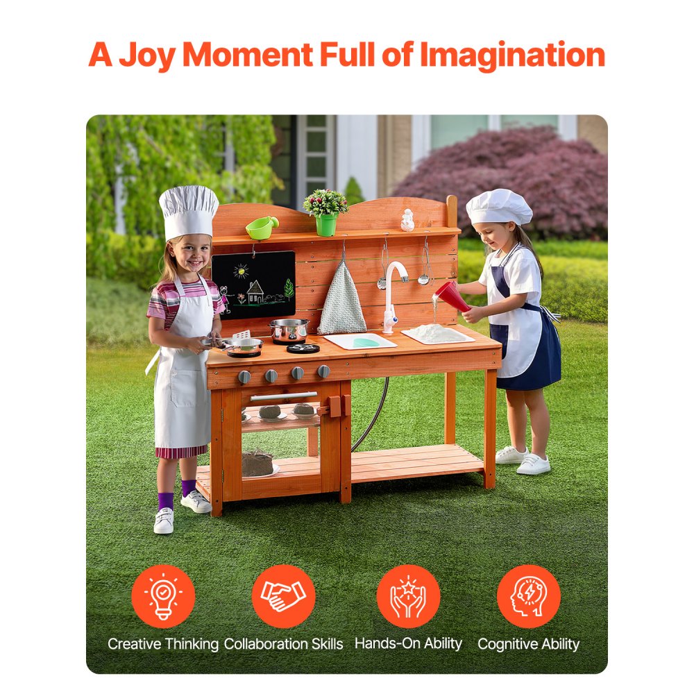 VEVOR Mud Kitchen for Kids, Wooden Toy Play Kitchen Set, Outdoor Toddler Grocery Store Playset for Boys & Girls, Pretend Play Kitchen with Stoves, Sink, Faucet, Blackboard, Cookware Pots, Accessories