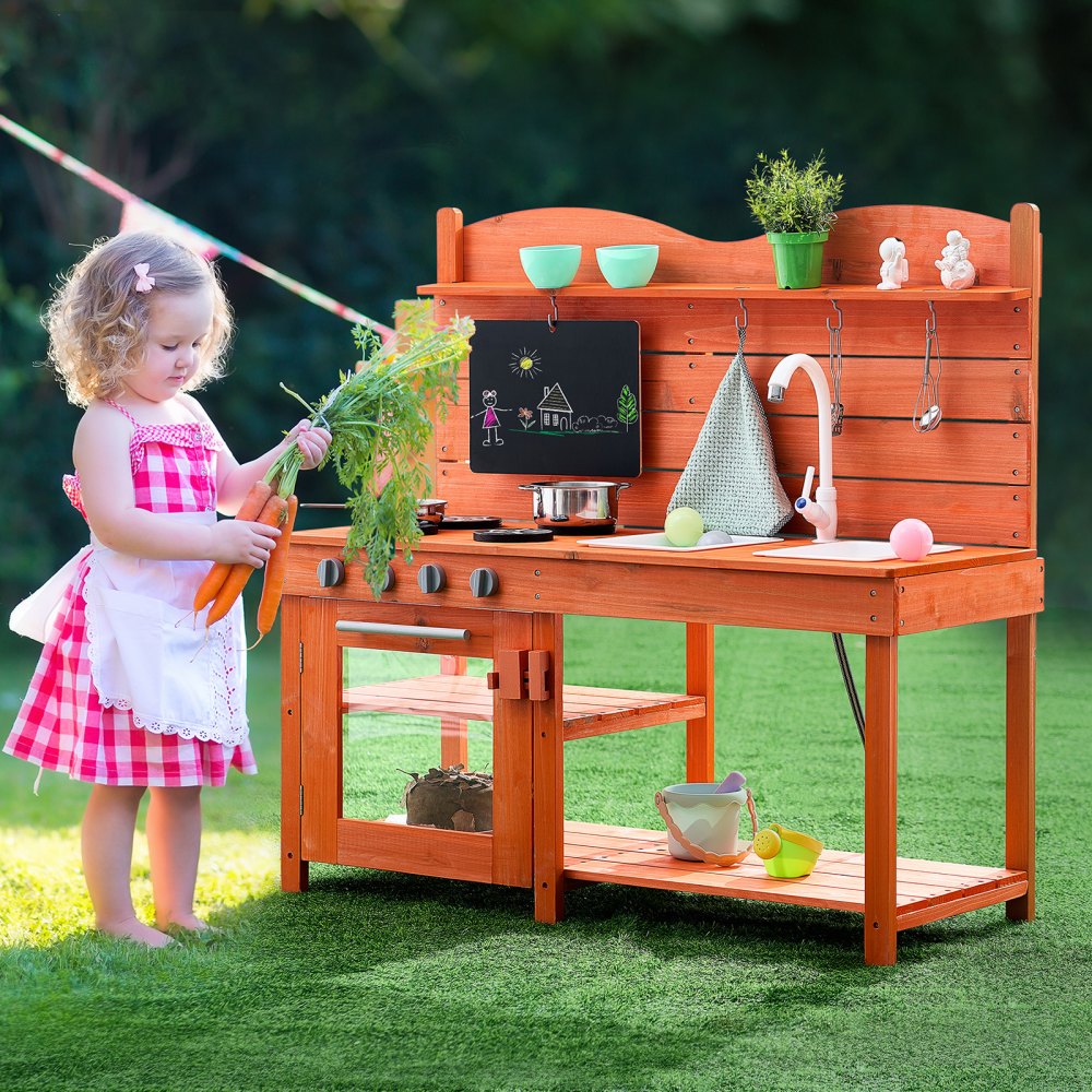 VEVOR Mud Kitchen for Kids, Wooden Toy Play Kitchen Set, Outdoor Toddler Grocery Store Playset for Boys & Girls, Pretend Play Kitchen with Stoves, Sink, Faucet, Blackboard, Cookware Pots, Accessories