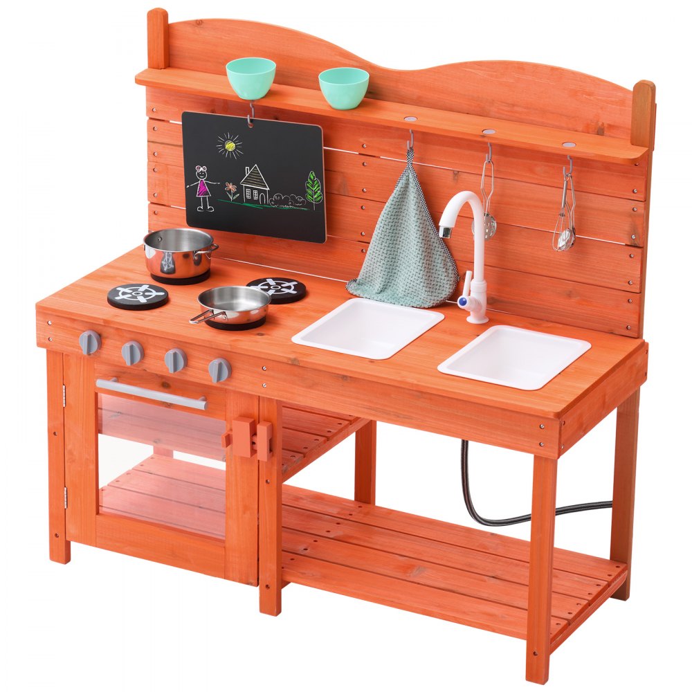VEVOR Mud Kitchen for Kids, Wooden Toy Play Kitchen Set, Outdoor Toddler Grocery Store Playset for Boys & Girls, Pretend Play Kitchen with Stoves, Sink, Faucet, Blackboard, Cookware Pots, Accessories