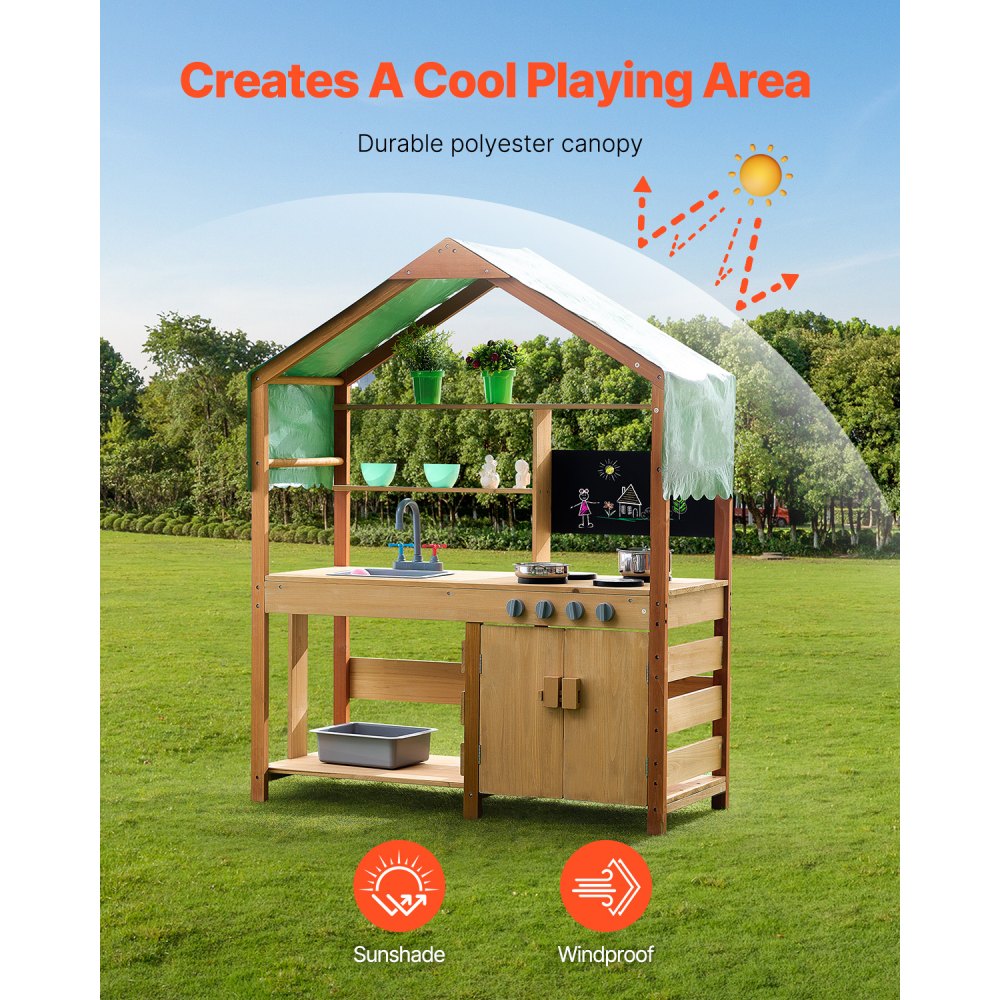 VEVOR Mud Kitchen for Kids, Wooden Toy Play Kitchen Set with Accessories, Outdoor Toddler Grocery Store Playset, Pretend Play Kitchen with Stoves, Planter Boxes, Sink, Faucet, Blackboard, Cookware Pot